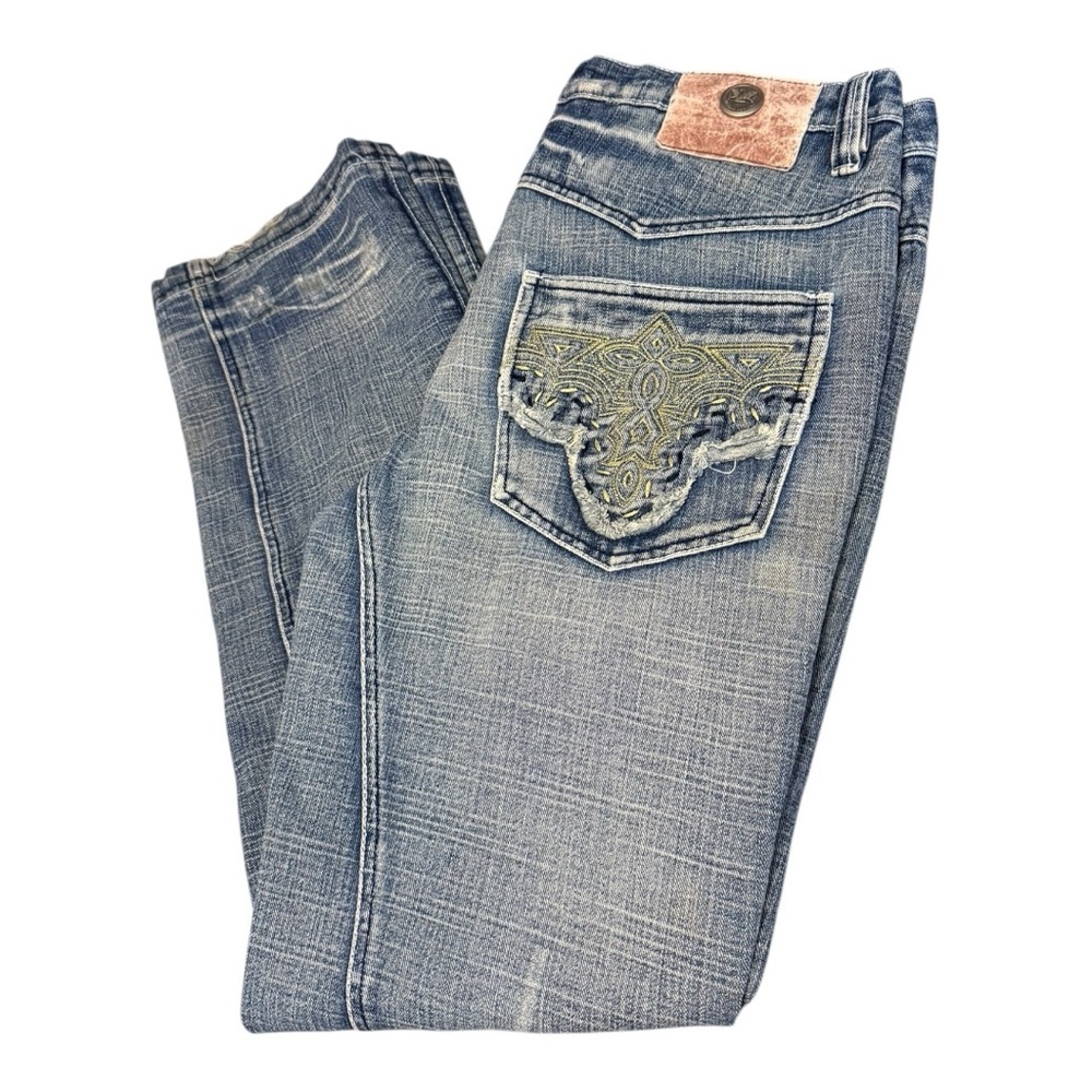 Antik Denim Jeans Y2K Mens 34x32 Blue Distressed Embroidered Made In USA